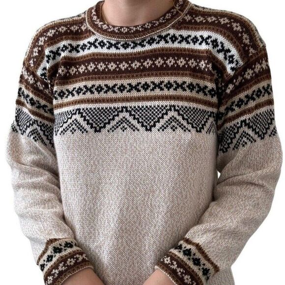 Peruvian Unisex 100% Alpaca Geometric Fair Isle Crew Neck Soft Hippie Sweater M - Picture 3 of 6